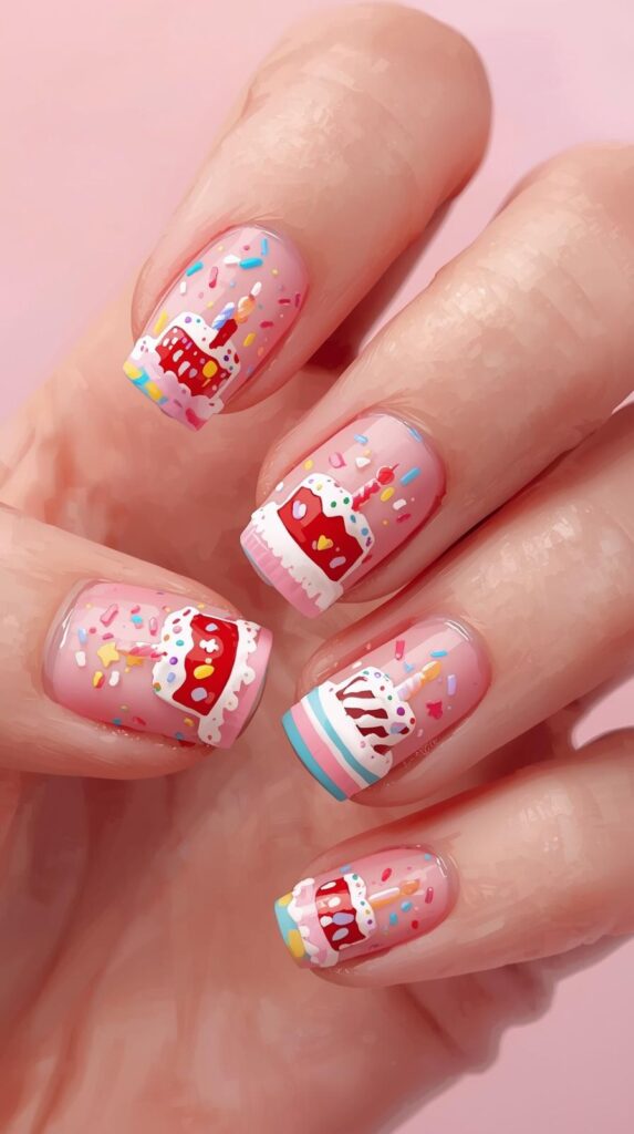 12. Short Cute Birthday Nails