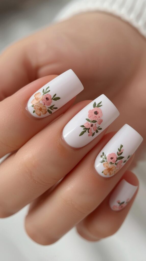 2. White Square Nails with Floral Accents