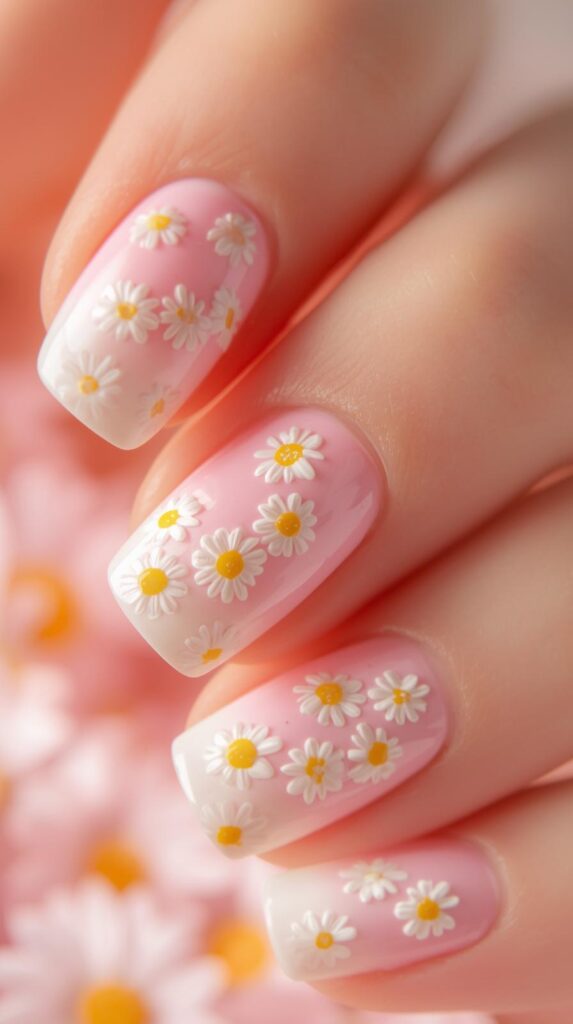 3. Pastel Pink Daisy Nails