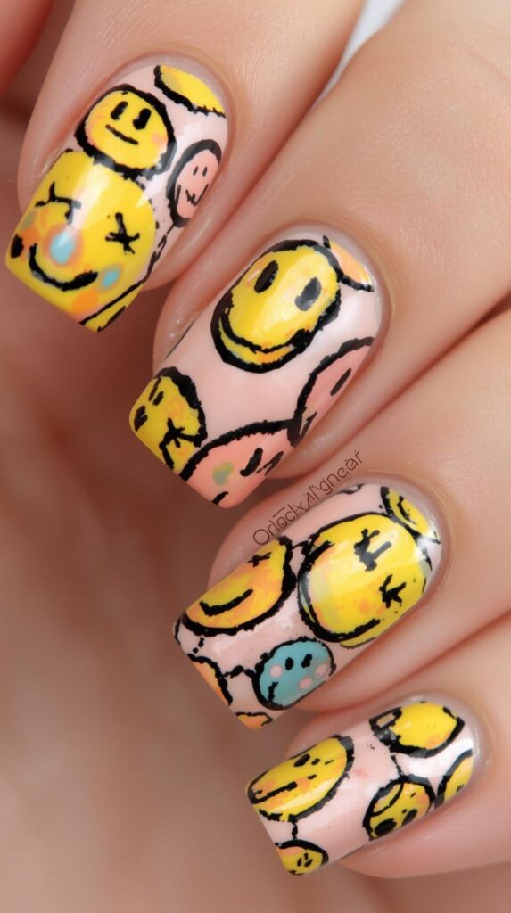 4. Smiley Face Funky Fun Spring Nails