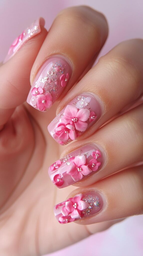 5. 3D Pink Flower Nails