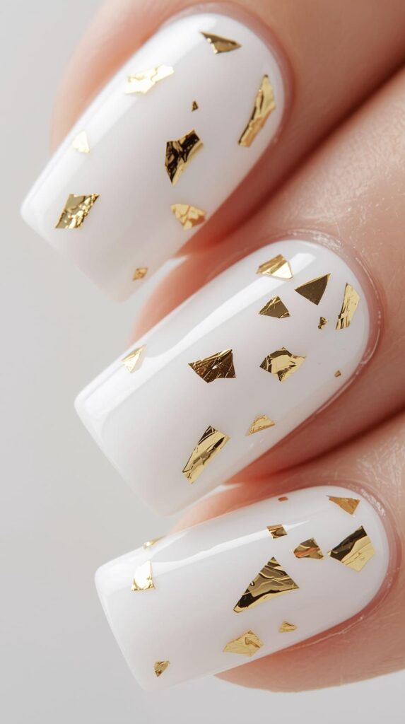 5. White Square Nails with Gold Foil