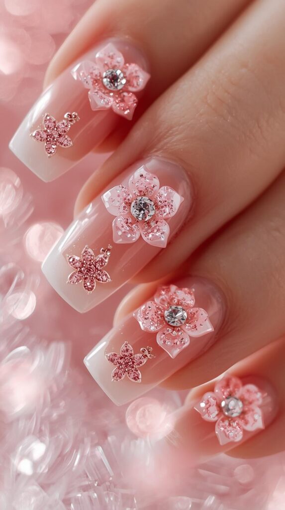 6. Glitter Pink Flower Accent Nails