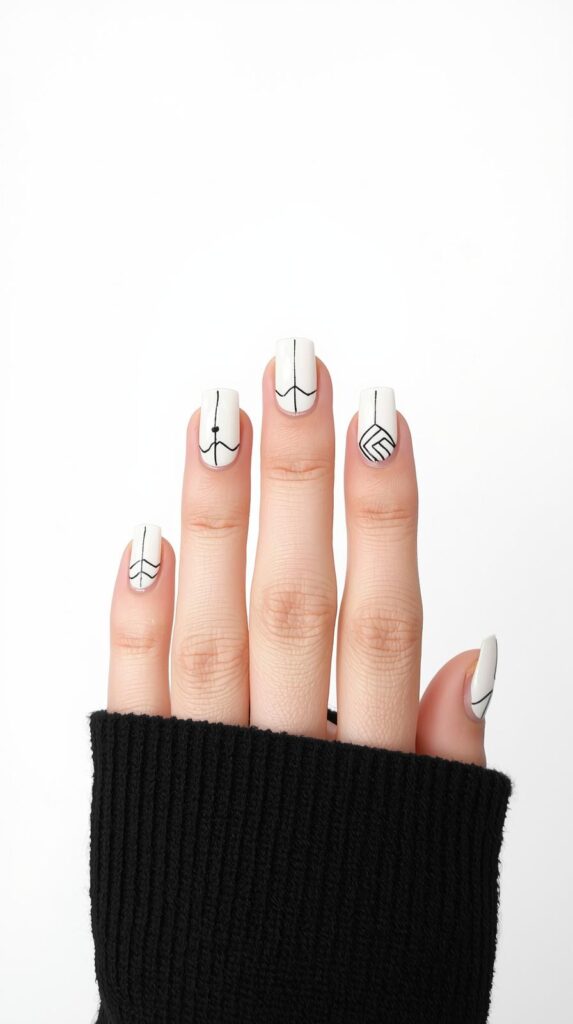 6. Minimal Line Art on White Square Nails