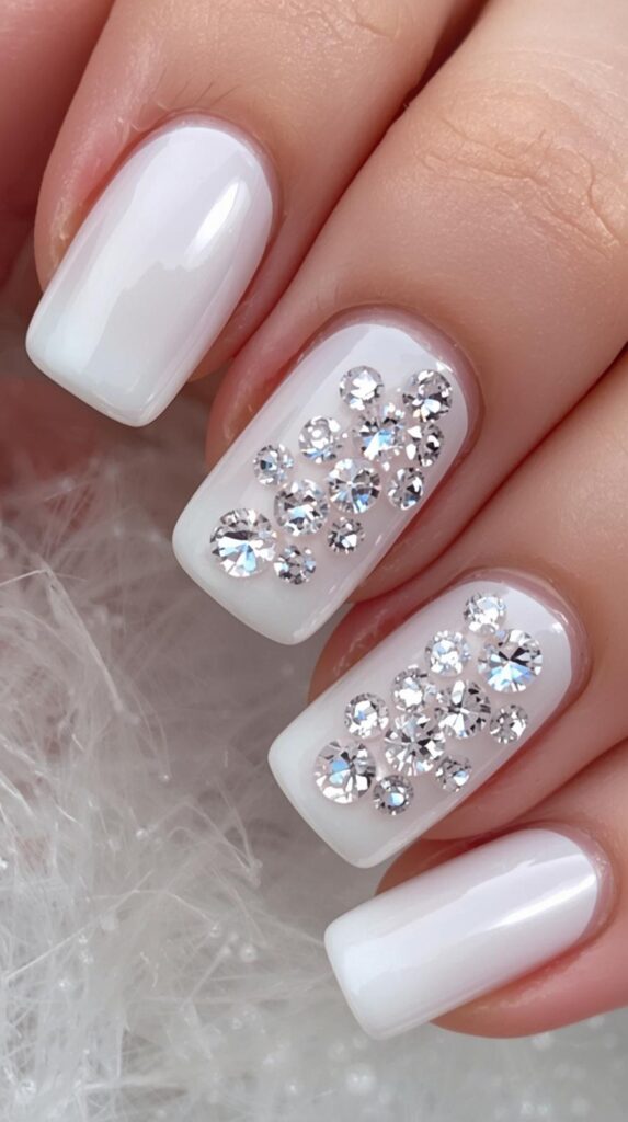 7. White Square Nails with Rhinestones