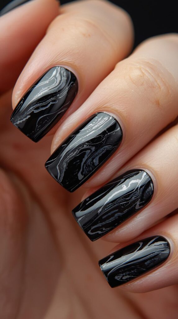 8. Black Marble Nails