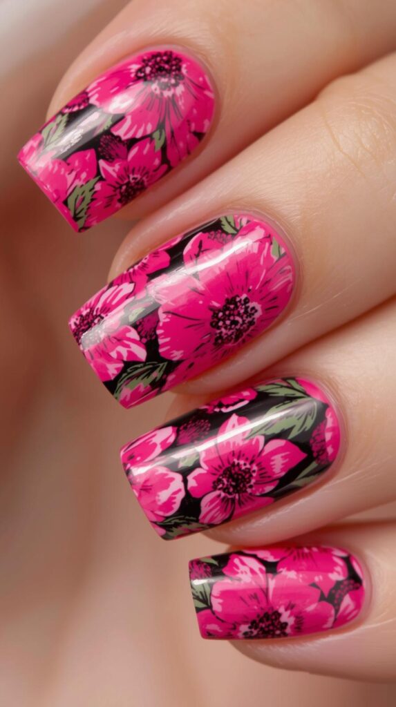 8. Hot Pink Floral Statement Nails