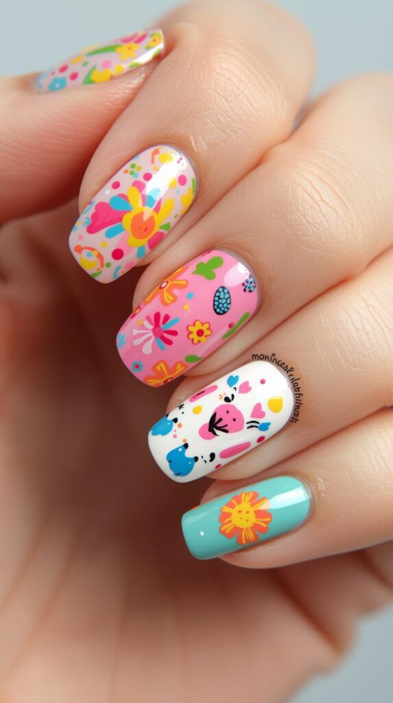 9. Cartoon-Inspired Colorful Spring Nail Ideas