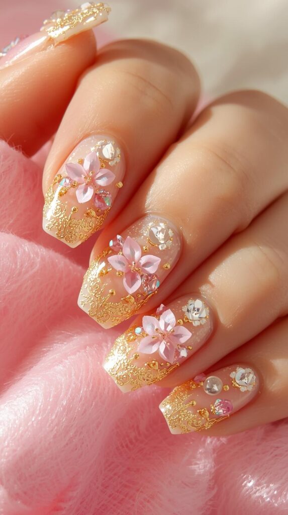 1. Nude and Gold Luxury Spring Nails