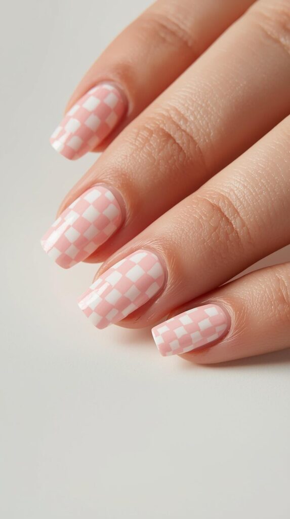 1. Pastel Pink and White Checkered Nails