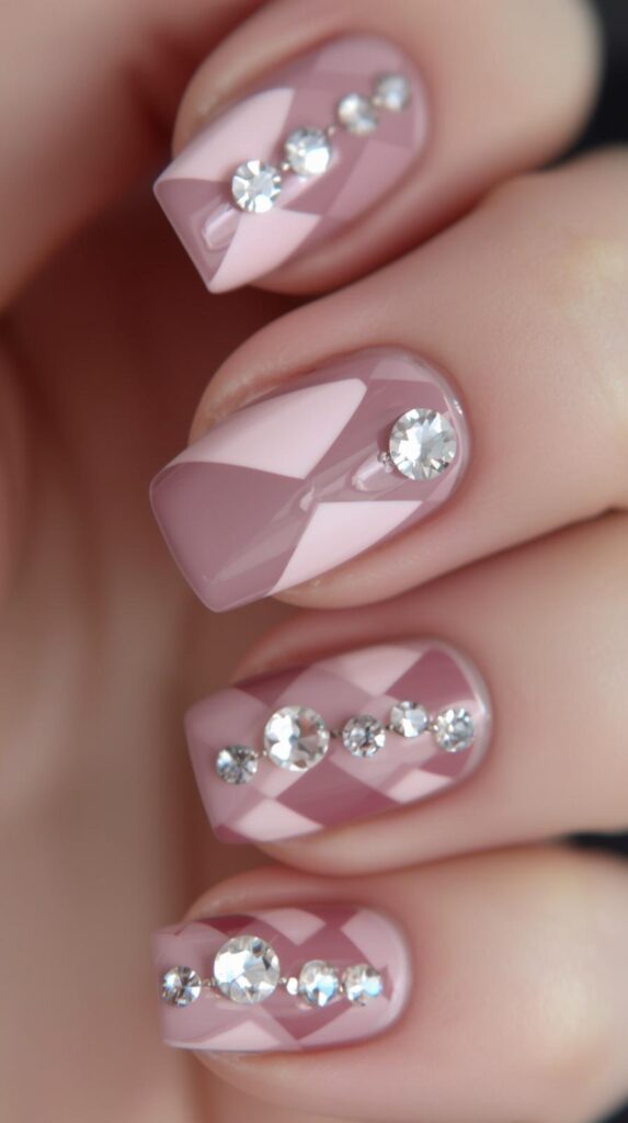 10. Mauve Pink Argyle Nails with Rhinestone Details