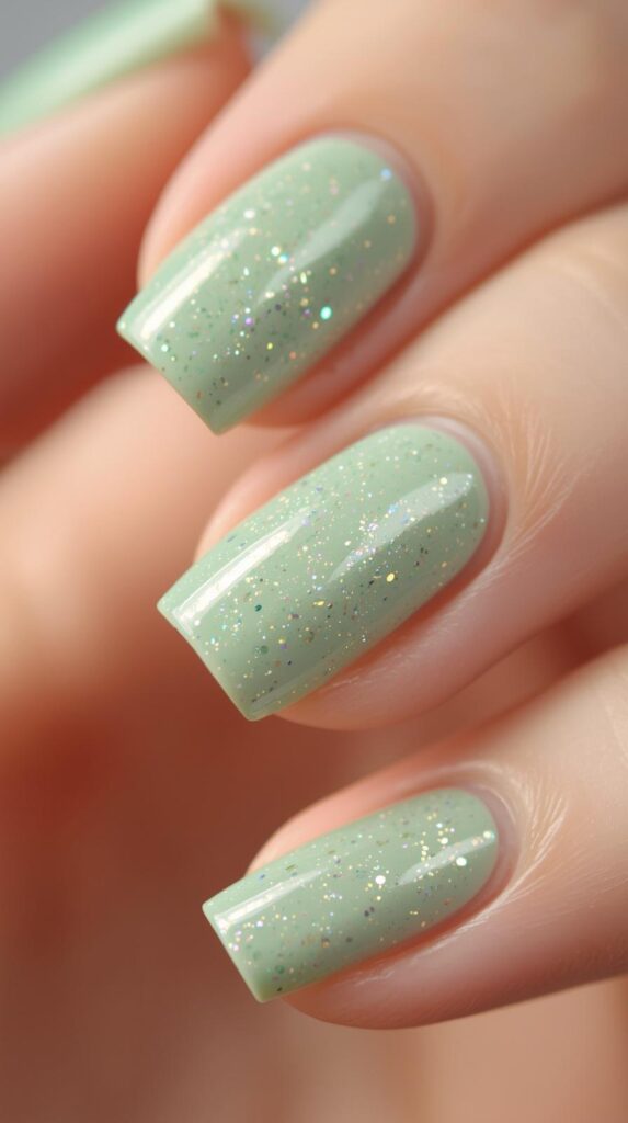 10. Pastel Green Nails Glitter
