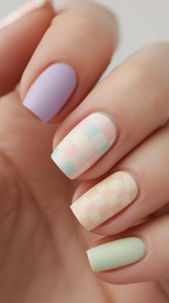 11. Matte Pastel Checkered Nails