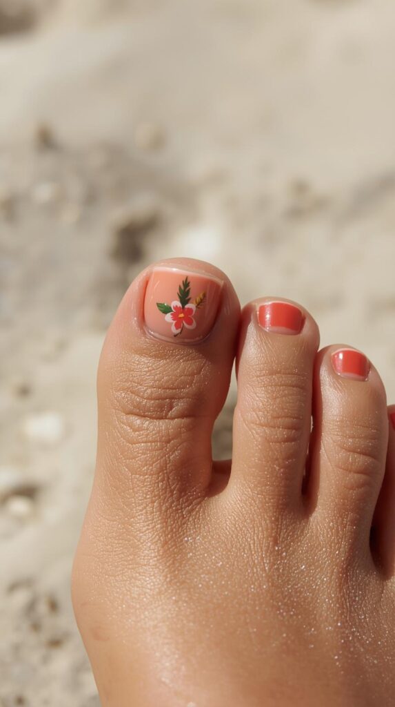 11. Peach Coral Toenails with Tropical Nail Art