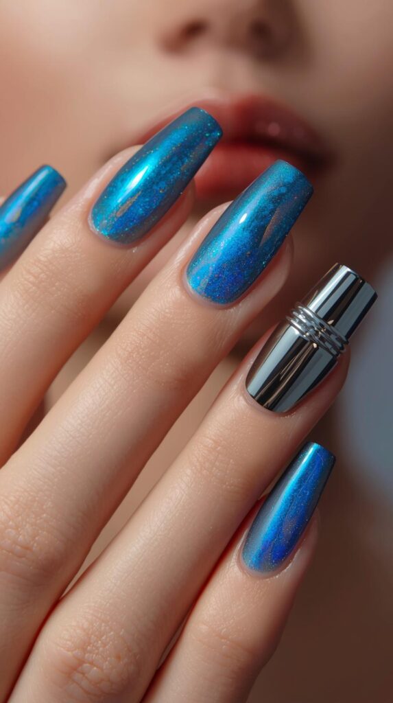4. Blue Aura Nails Chrome Accent