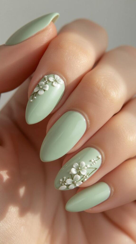 4. Floral Mint Green Nails