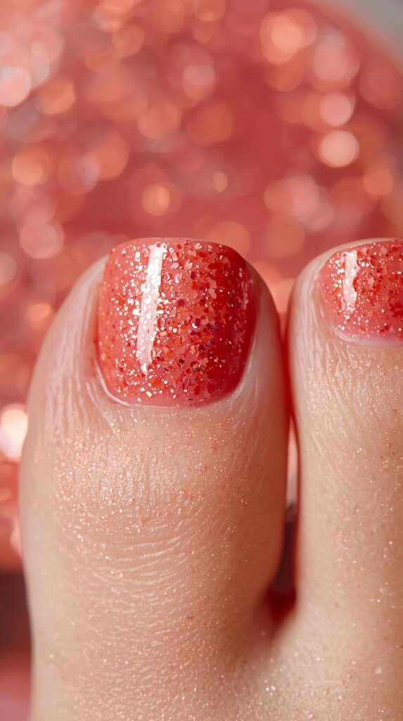 4. Glitter Peach Coral Toenails
