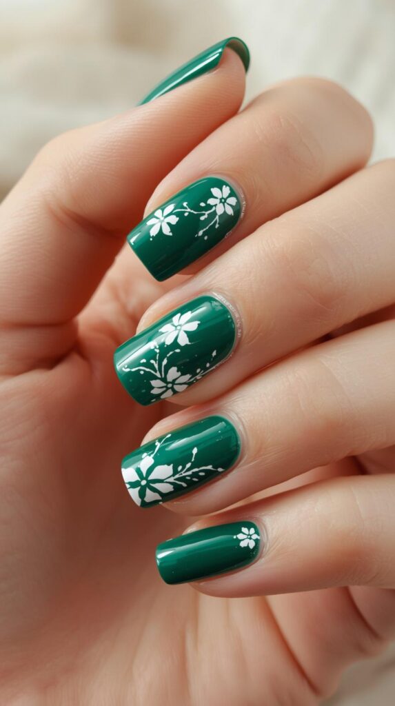 4. Green Nails White Flowers