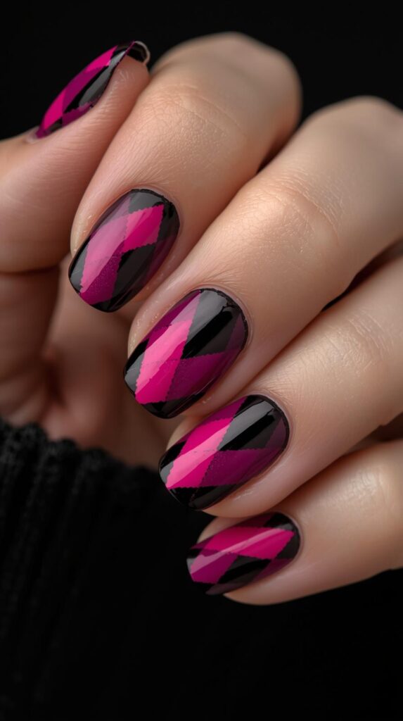 4. Pink and Black Graphic Argyle Nails