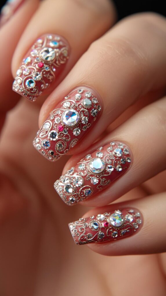 4. Rhinestone Accent Nails