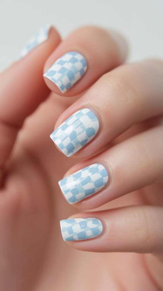 5. Baby Blue Checkered Nails