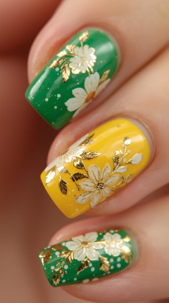 5. Floral Green Yellow Nails