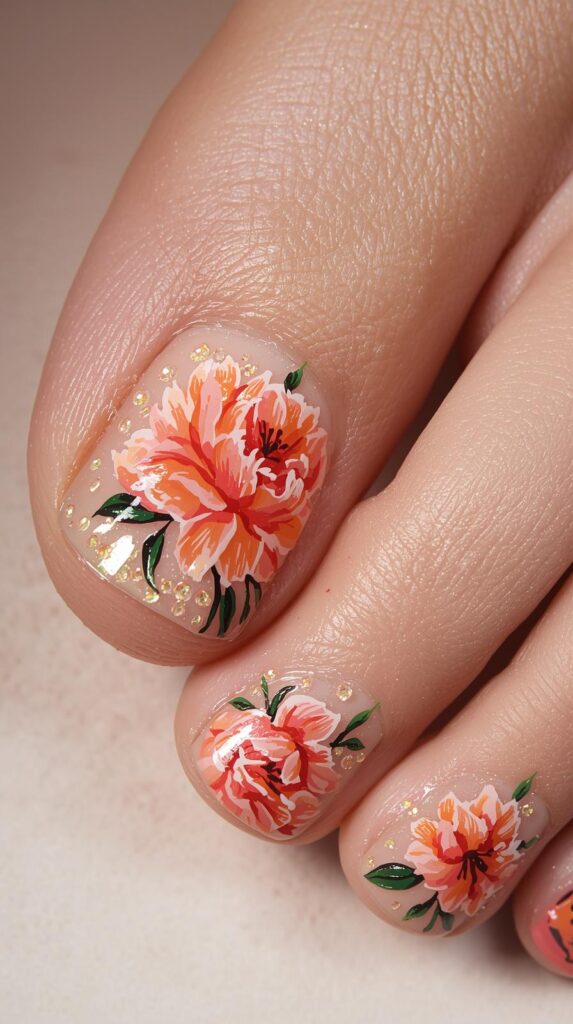 5. Peach Coral Floral Toenail Art