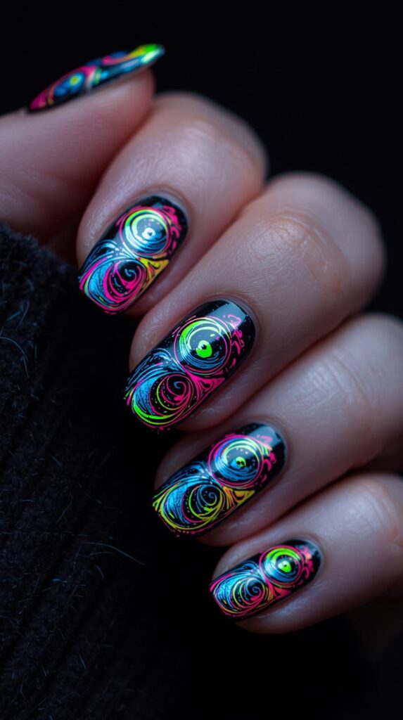 6. Neon Swirl Nails