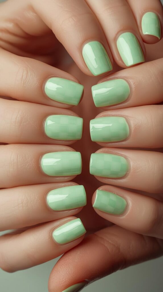 7. Green Pastel Checkered Nails