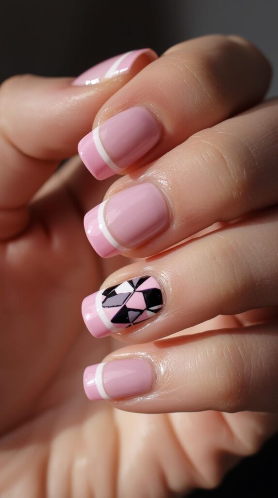 7. Pink French Tip with Argyle Accent Nail