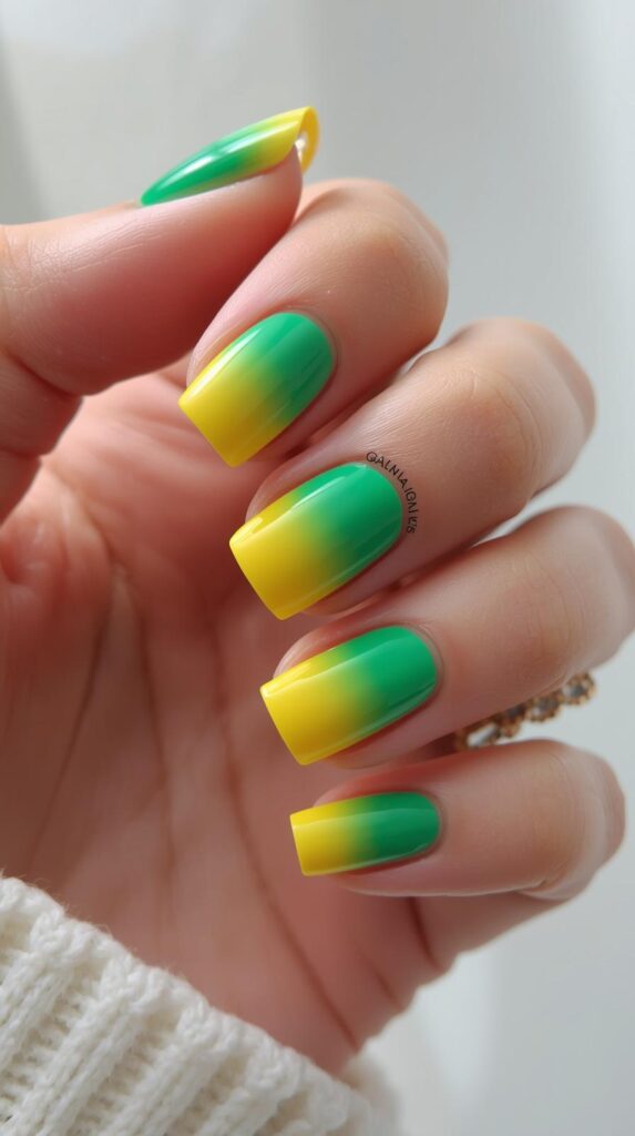 7. Short Green Yellow Nails