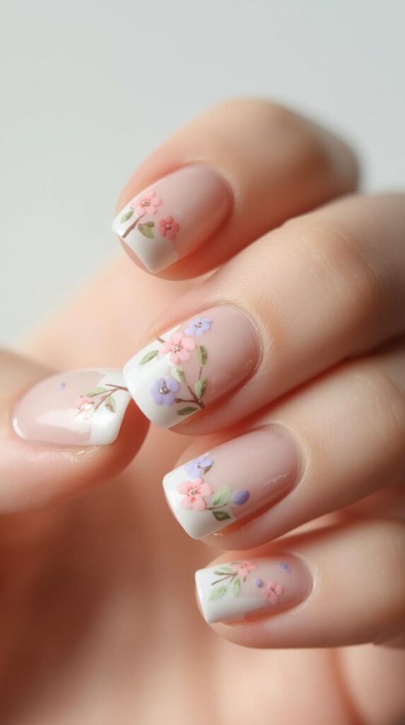 8. Floral Pastel Tips Nails