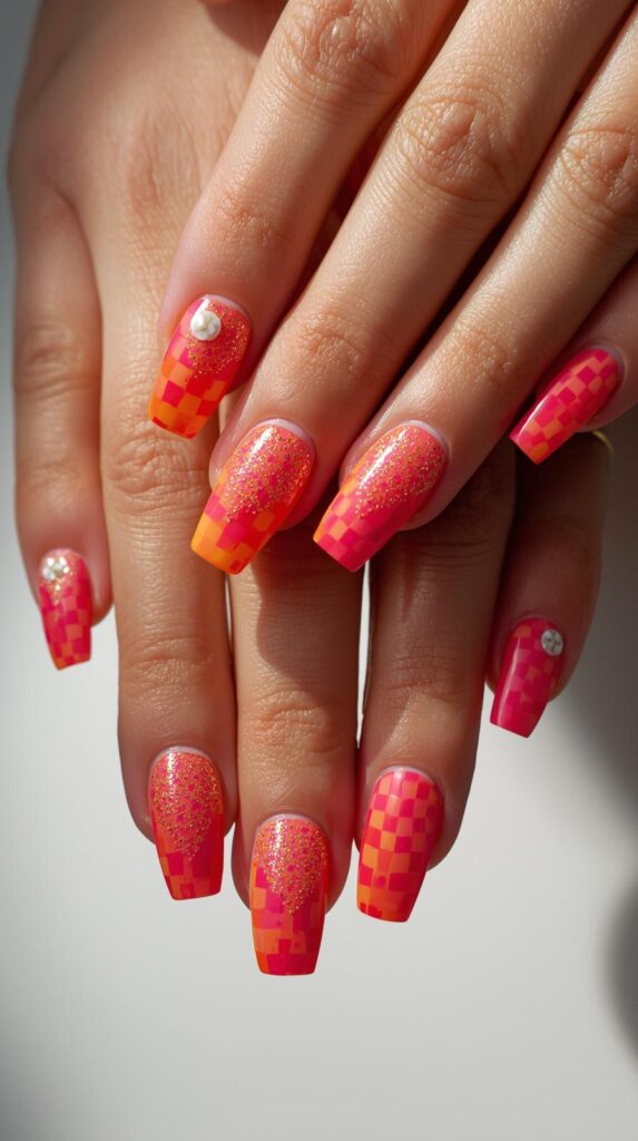 8. Pink and Orange Checkered Nails