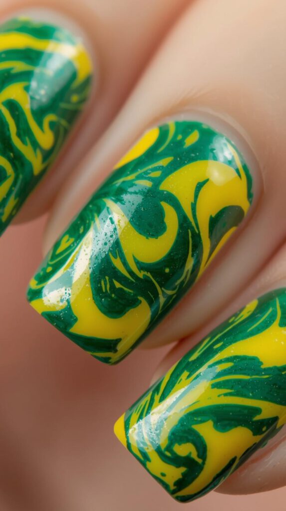 8. Swirl Green Yellow Nails
