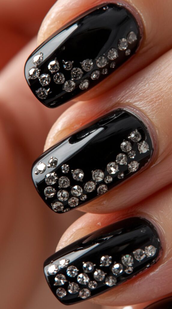 9. Black Rhinestone Nails