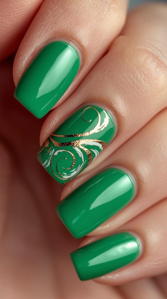 9. Green Nails Swirl Design