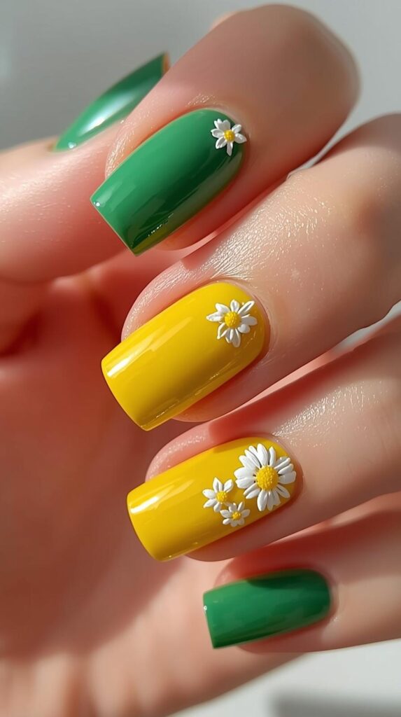 9. Green Yellow Nails Daisies