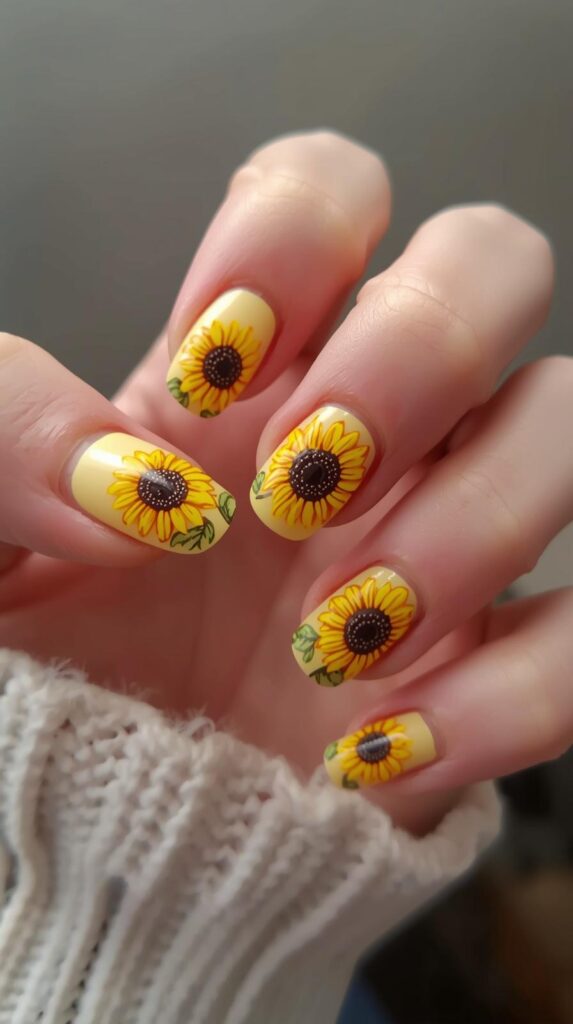 1. Classic Yellow Sunflower Nails