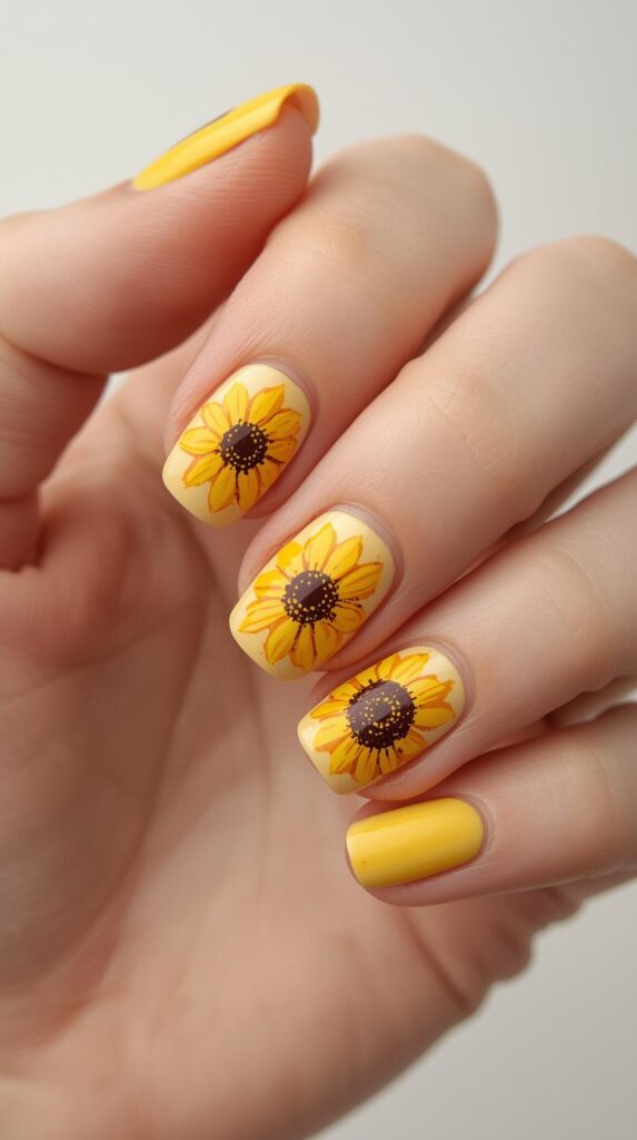1. Classic Yellow Sunflower Nails