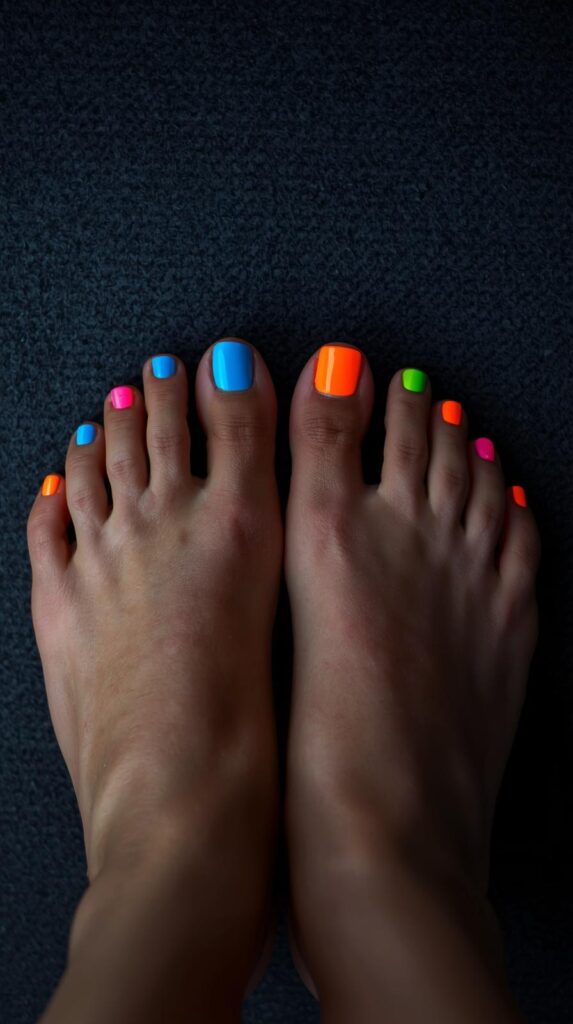 1. Neon Mismatched Toenails