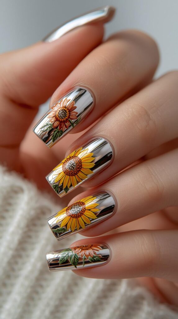 10. Chrome Sunflower Nails