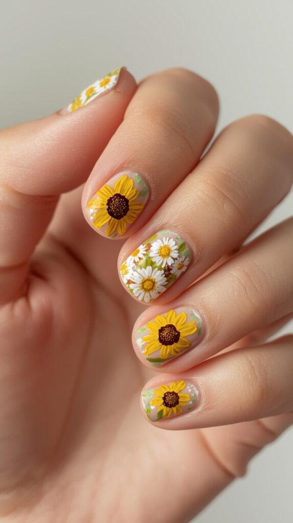 11. Daisy and Sunflower Mix Nails