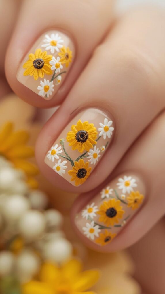 11. Daisy and Sunflower Mix Nails