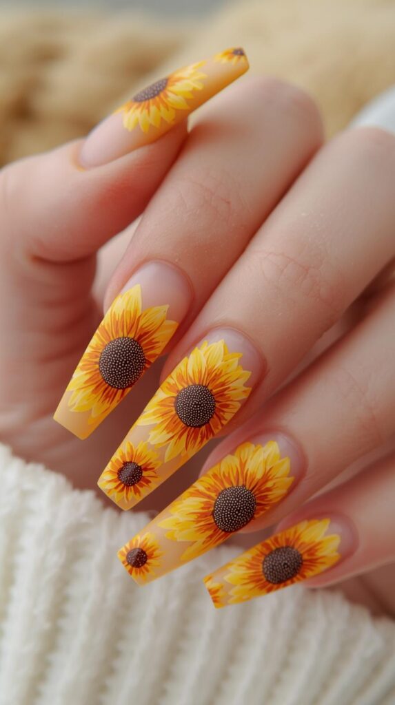 11. Long Acrylic Sunflower Nails