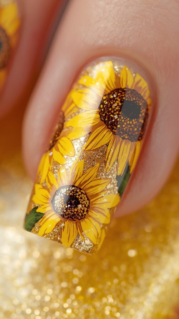 12. Sunflower Glitter Nails