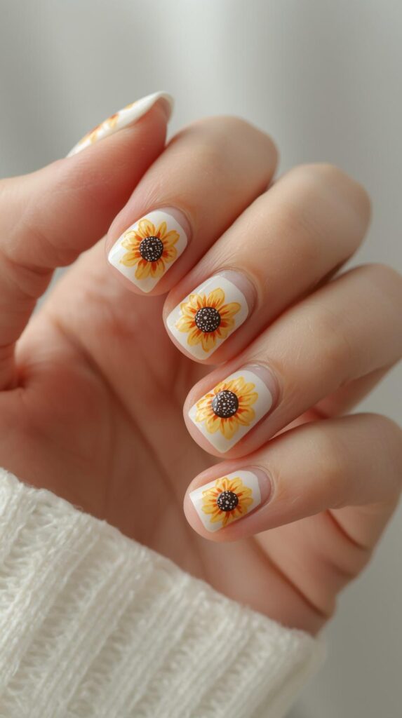 2. Nude Sunflower Accent Nails