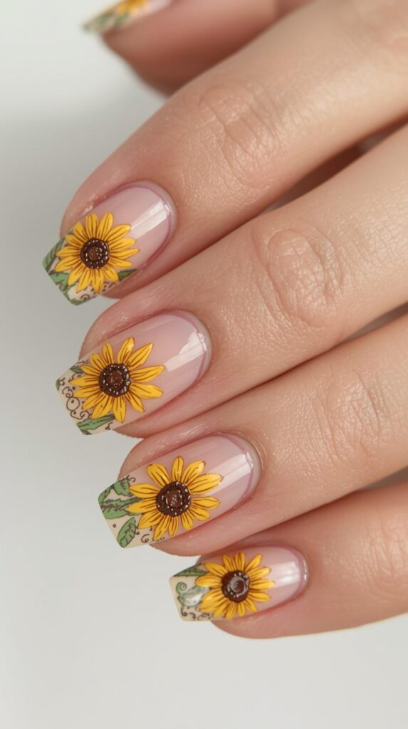 2. Nude Sunflower Accent Nails