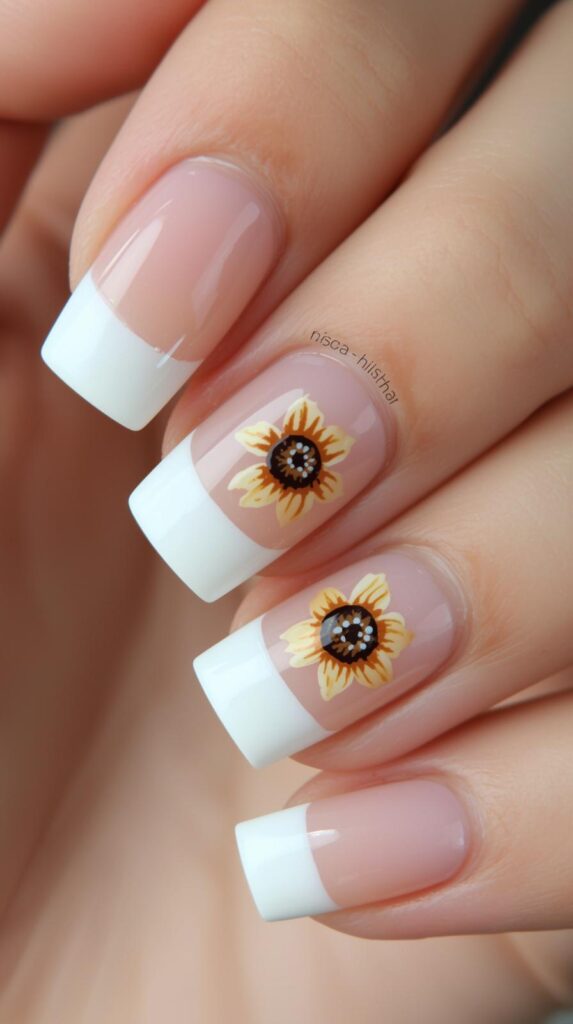 3. French Tip Sunflower Nails