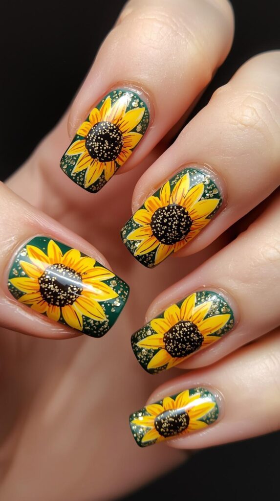 4. Glitter Sunflower Nails