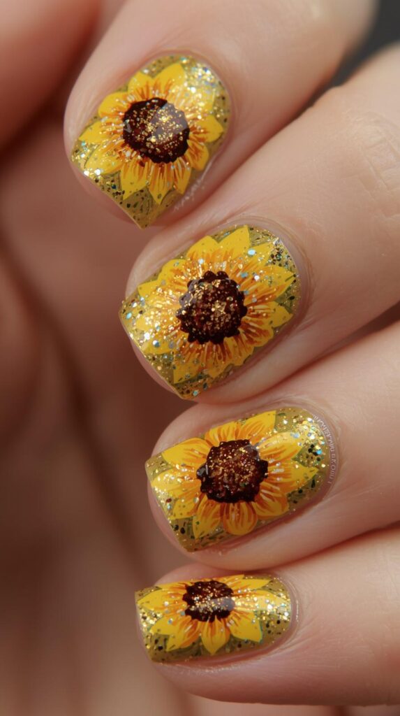 4. Glitter Sunflower Nails